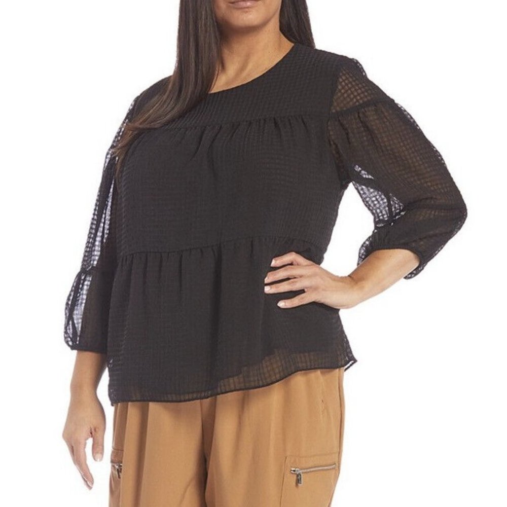 Calvin Klein  Solid Sheer Gingham Round Neck 3/4 Puff Sleeve Tier Top Black L